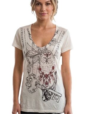 Key Closet Women’s White Owl Studded Women’s White Short Sleeve Shirt Size Small